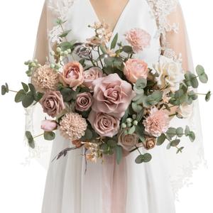Ling's moment Dusty Rose Wedding Bouquets for Bride, Pink Bridal Bouquets for Bride, 13 Inch Free Form Artificial Wedding Flower Bouquet