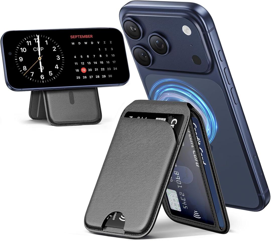 QYQBOON Mag-Safe Wallet Magnetic Wallet for Phone Lightweight Magnetic Phone Pouch Stand Adjustable Leather Mag-Safe Card Holder for iPhone 17/16/15/14/13/12 Series, Not for iPhone 13/12 Mini (Black)