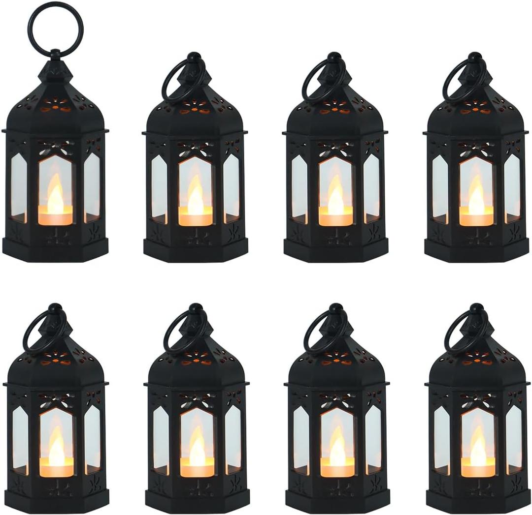 LLQ 8Pcs Mini Lanterns for Centerpiece, Ramadan Decorations, Battery Included, Decorative Candle Lanterns for Indoor, Small Vintage Lantern for Halloween Christmas Wedding Table Decor, Black