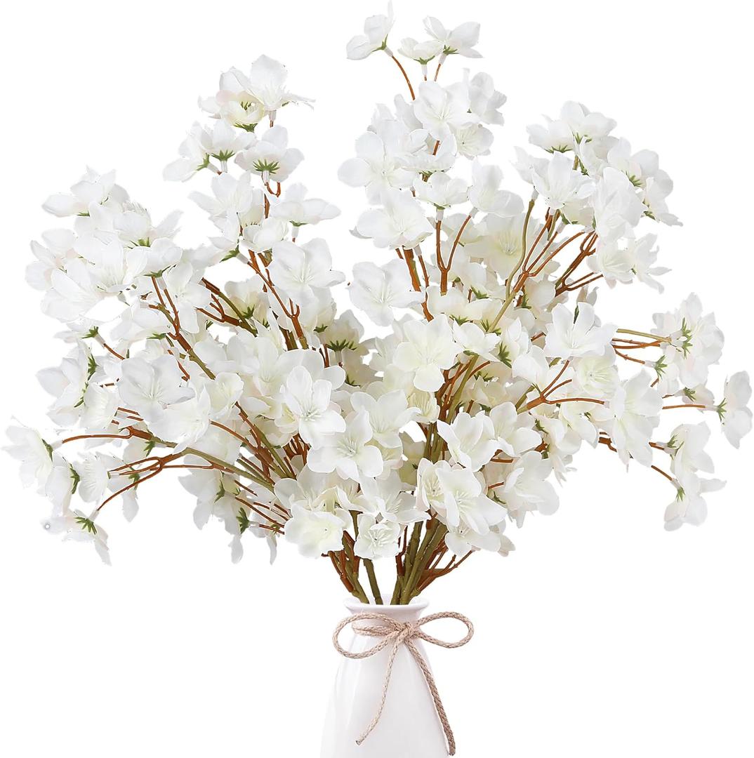 Sggvecsy Artificial Cherry Blossom Flowers 4 Pcs Faux Cherry Blossom Stems Faux Silk Cherry Blossom Branches 15.7 Fake Peach Flowers for Vase Arrangements Home Wedding Table Decor (White)