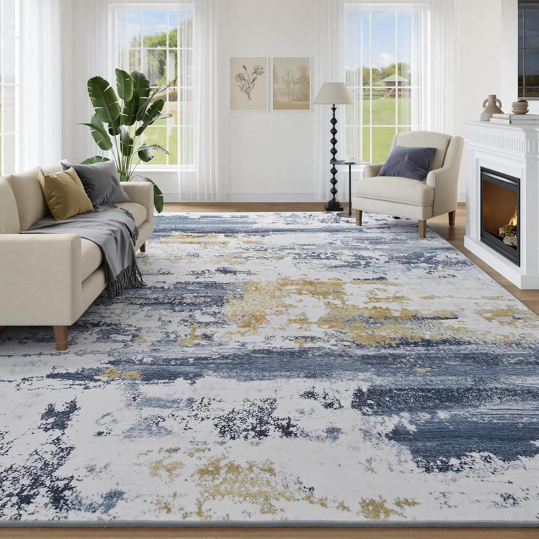 Kelarea 6x9 Area Rugs for Living Room, Washable Abstract Non-Slip Large Rug Stain Resistant Blue Carpet, Low Pile Soft Indoor Rug for Bedroom, Dining Room, Nursery, Kitchen, Home Office