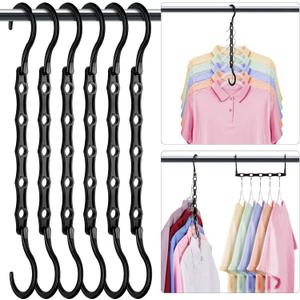 HOUSE DAY Closet Organizers and Storage 6 Pack, College Dorm Room Essentials, Multifunctional Organizer Magic Space Saving Hangers with 5 Holes, Storage Organization for Wardrobe Closet - Black