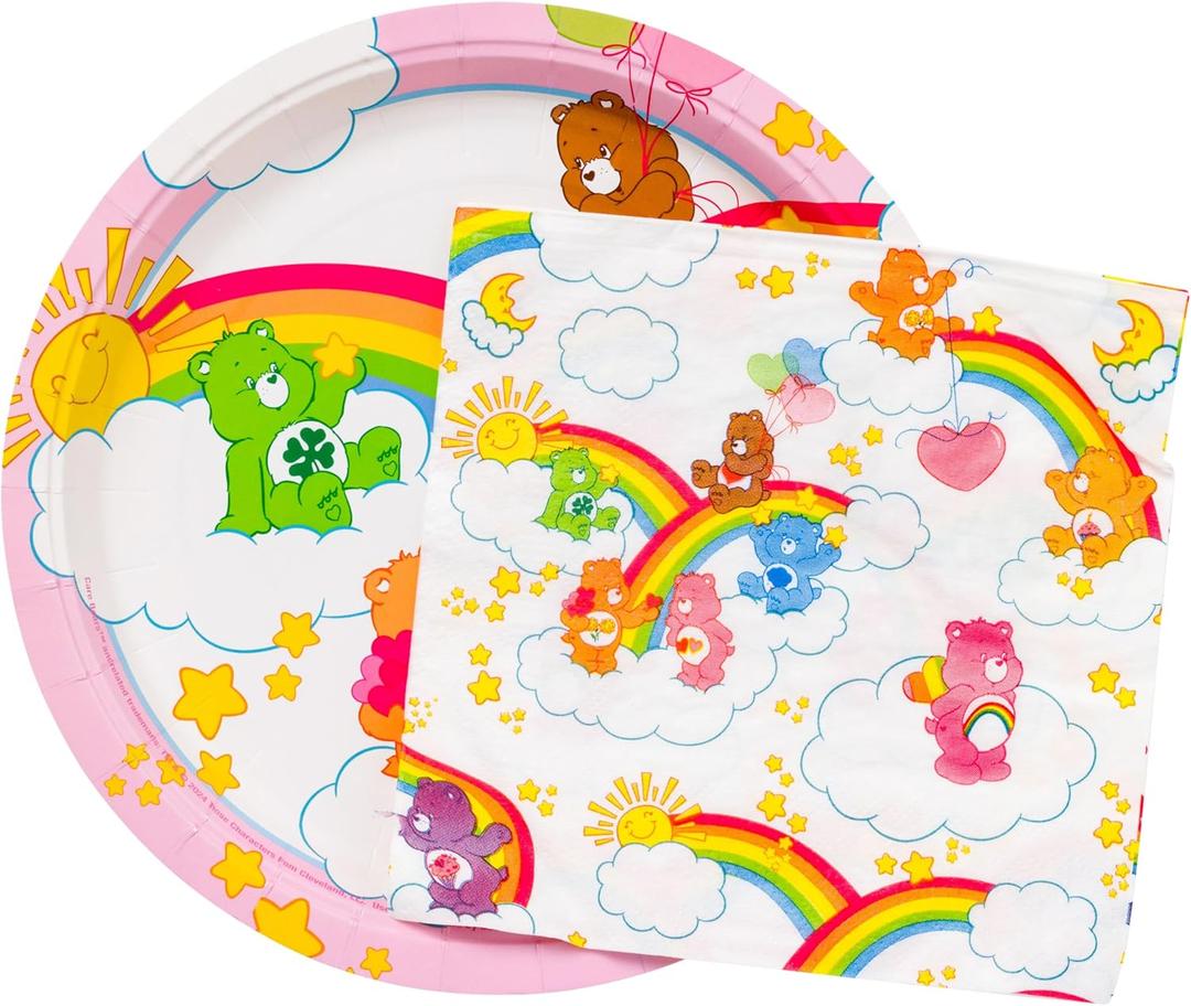 Silver Buffalo Care Bears Featuring Grumpy, Good Luck, Tenderheart, Love-A-Lot, Friend, Cheer, and Birthday 32 Pack Partyware Disposable Paper Plates and Napkins