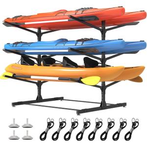 LotFun Kayak Storage Rack, Freestanding Heavy Duty Adjustable Kayak Stand Indoor Outdoor Storage Rack Garage, with Wheels and Foot Pad, for Kayaks, SUPs, Canoes, Surfboard (3 Levels for 6 Kayaks)