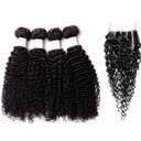 Mongolian Kinkys Curly with Closure Human Hair 4Bundles(50g/bundle) with Lace Closure Mongolian Curly Hair Weave Bundles with Closure(14/14/16/16+14" closure,Natural Black)
