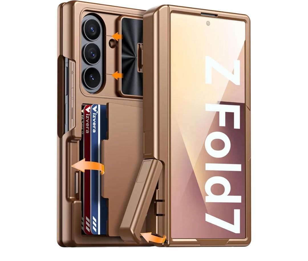 for Samsung Galaxy Z Fold 7 Case RFID Wallet with Cards Holder[Kickstand][Camera Cover] Shockproof Silicone Protective Phone Case for Z Fold 7 2025-Desert Gold