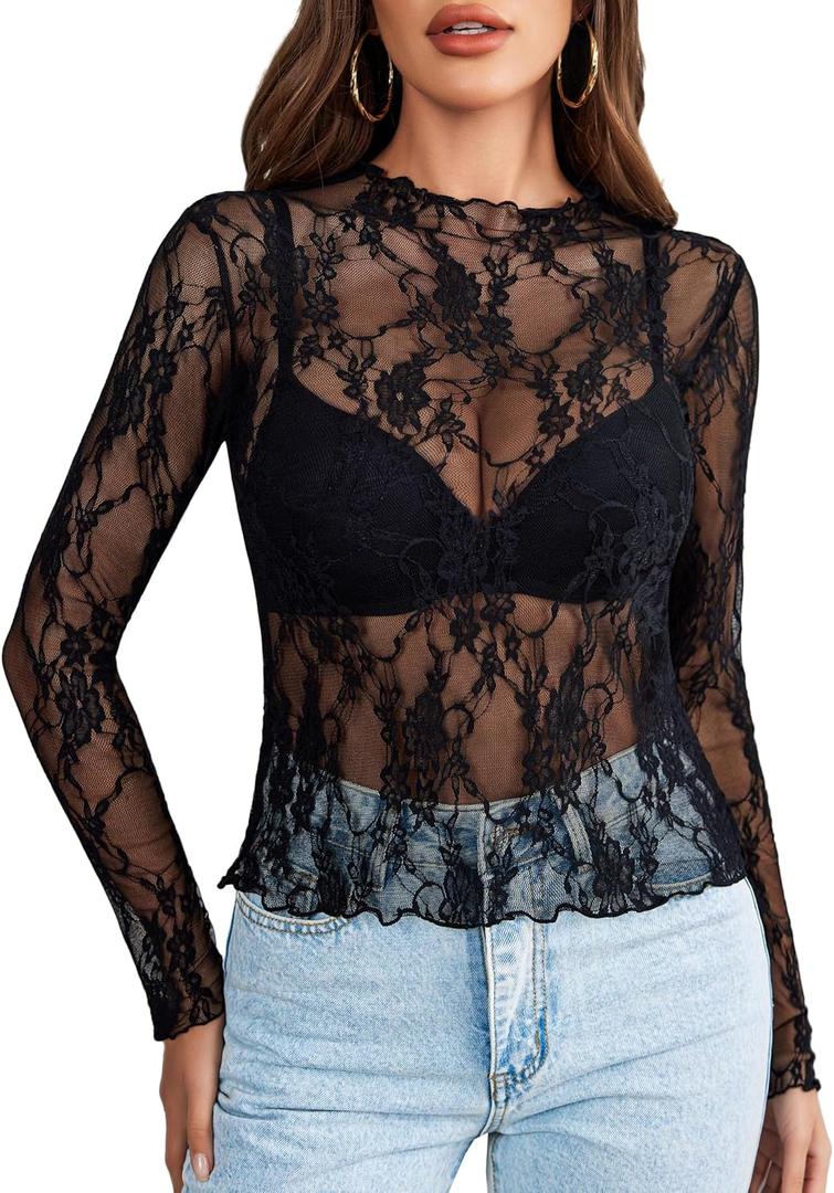 Avidlove Women's Mesh Top Long Sleeve Mock Neck Sheer Blouse See Through Floral Lace Tops (XX-Large, Black)