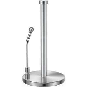 SMARTAKE Paper Towel Holder, Paper Towel Dispenser Standing Weighted Base Non Slip, Spring Arm for Easy Tear, Stainless Steel Paper Towel Holder for Home Kitchen Countertop Tabletop, Silver, 13.1 X 6.5 Inches