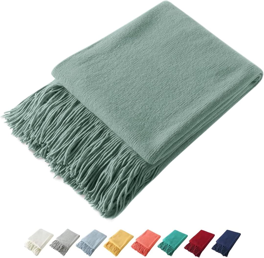 Homiest Decorative Knitted Throw Blanket with Fringe, Lightweight Acrylic Knit, Soft & Cozy Tassel Blanket for Couch, Sofa, Bed (Sage Green, 50 x 60 Inch)