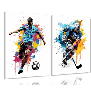 Soccer Graffiti Canvas Wall Art Baseball Lce Hockey Pictures Wall Decor Physical Education Player Posters Prints Paintings for Teenagers Children'S Room Sports Enthusiasts Home Decoration, Pack of 2