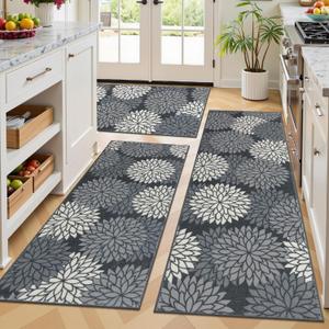 Ileading Boho Kitchen Rugs Sets 3 Piece with Runner Floral Kitchen Floor Mat Carpet Farmhouse Kitchen Rugs and Mats Non Skid Washable Runner Rug for Kitchen Floor Office Sink Laundry, Black (20"x32"+20"x48"+20"x59")