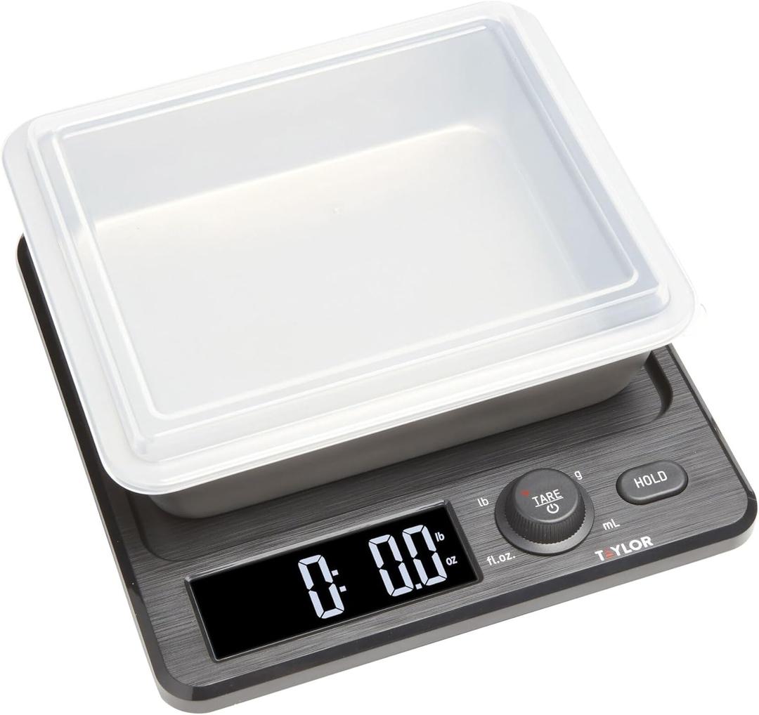 Taylor Digital Kitchen Scale with Dishwasher Safe Stainless Steel Container and Snap On, 22 pound capacity, Black (22 Pounds with Container)