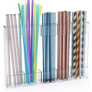 Upgraded 9.6'' Large Acrylic Straw Holder for Cabinet Door, Space-Saving Straw Organizer Storage Dispenser for Cabinet Doors or Countertops, Strong Adhesive Double-sided Tape Included (Clear-5 Compartments)