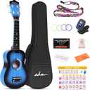 ADM Ukulele for Beginners Hawaiian Wood Ukelele Kit for Kids Adult Student Starter Professional Ukalelee Pack Bundle with Free Lessons Gig Bag Strap Nylon String Tuner (Bluebrust, 21 Inch)