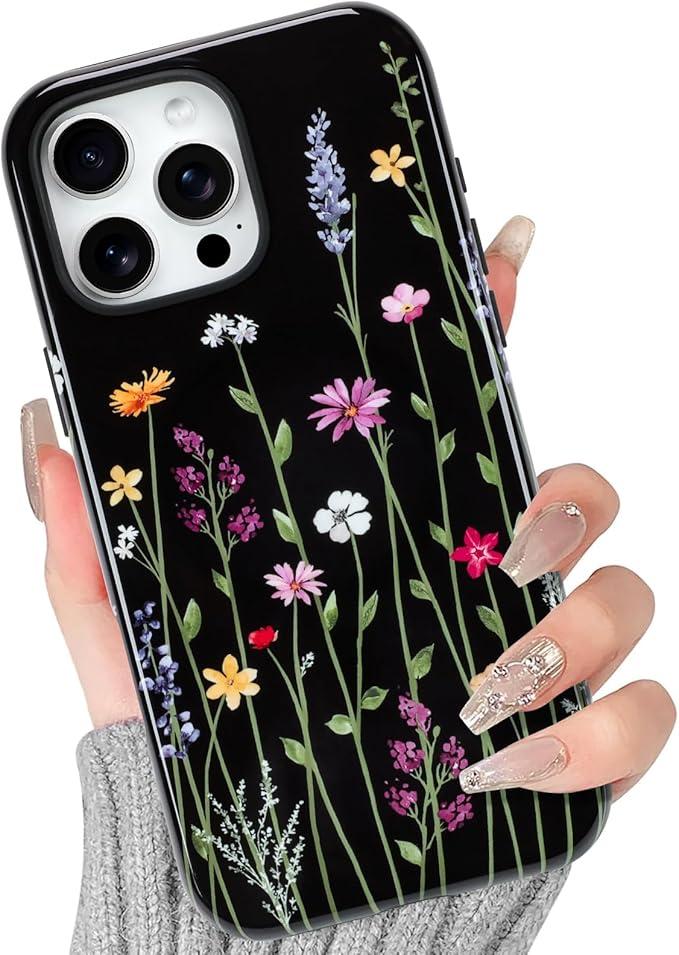 BITOBE Case for iPhone 16 [Compatible with MagSafe] Floral Flowers Design Bold Protective Phone Cover Magnetic Cute Trendy Case for Women Girls - Black Floral