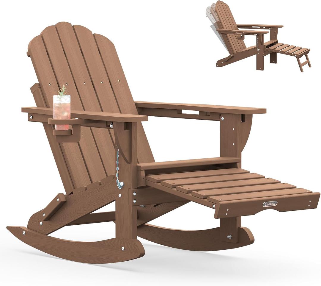 Ciokea Adirondack Rocking Chair with Footrest, Foldable HDPE Rocker (Teak)
4-in-1 Design, Adjustable Backrest, Retractable Ottoman, 2 Cup Holders, Outdoor, All Weather, Heavy Duty, Porch, Patio, Deck