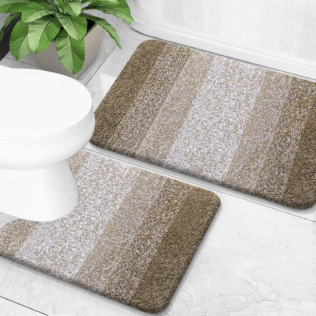 OLANLY Bathroom Rug Set 2 Piece, Soft Absorbent Microfiber Bath Mats and U-Shaped Contour Toilet Rug, Non-Slip, Machine Wash Dry, Plush Shaggy Bath Mats for Bathroom (24"x16"+24"x20", Coffe)