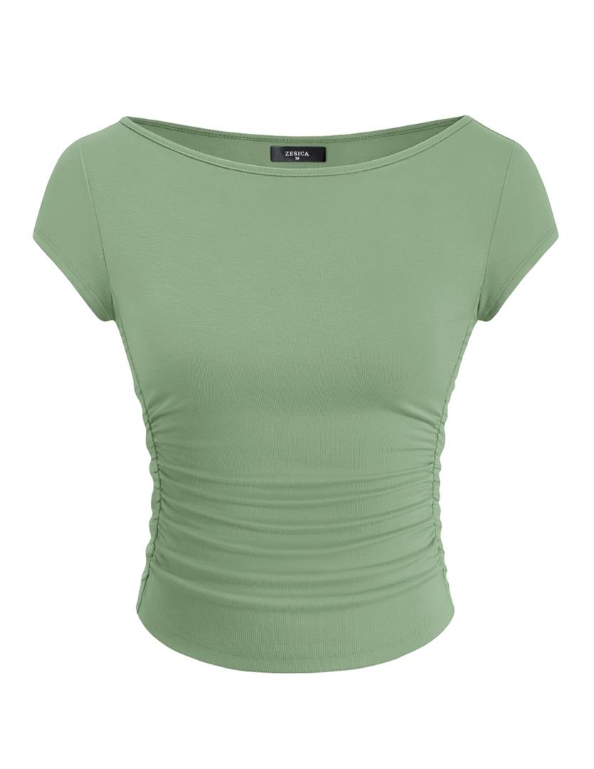 ZESICA Women's Summer Boat Neck Short Sleeve T Shirts 2026 Spring Slim Fit Y2k Going Out Crop Tops Basic Trendy Outfits, Light Green, S (Green, S)