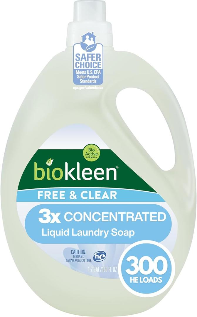 Biokleen Free & Clear Natural 3X Concentrated Liquid Laundry Detergent, 300 Loads, PlantBased, Hypoallergenic, Removes Stains & Fights Odors, Dye Free, Unscented