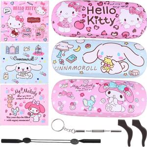 Cute Cartoon Hard Shell Eyeglasses Cases Protective Case Storage Box With Glasses Cloth Eyeglass Strap for Girl Teen (Set3-1)