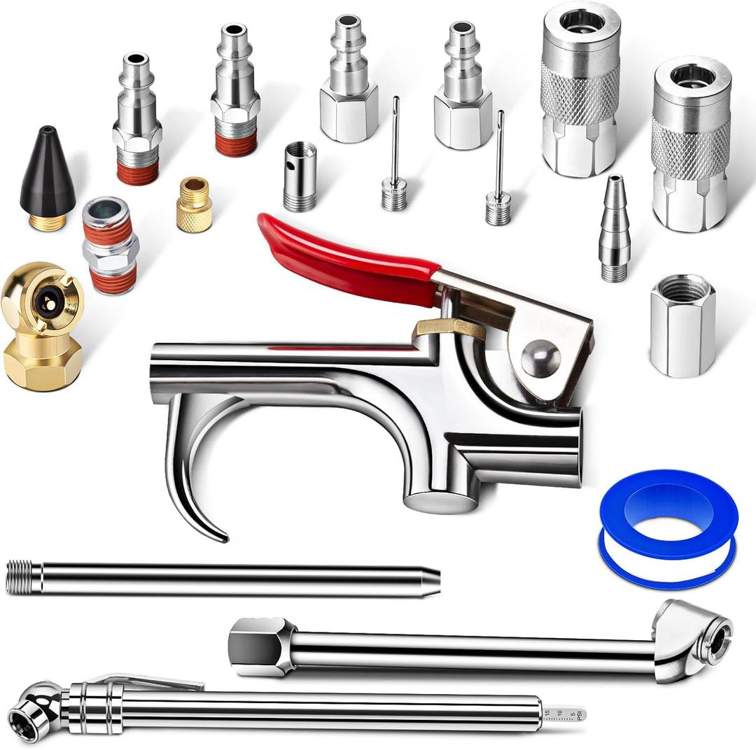 20 Pcs Air Tool Kit, Air Compressor Kit with 1/4" NPT Quick Connect Coupler & Plug/Tire Air Chucks/Tire Gauge/Air Nozzles/Air Hose Fittings, Pneumatic Tools for Air Compressor Accessories