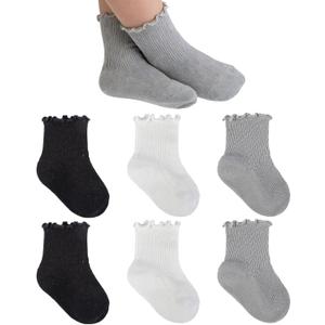 6 Pairs Baby Infant Toddler Girls Ruffle Socks Cute Soft Cotton School Uniform Frilly Dress Crew Socks Little Kids (3-5T, White,black,grey)