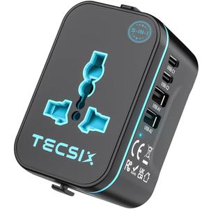 Universal Travel Adapter Worldwide, TECSIX European Travel Plug Adapter with 2 USB C, 2 USB A and Multi AC Outlets, International Power Converter for EU US UK AUS 200+ Countries Type A C G I
