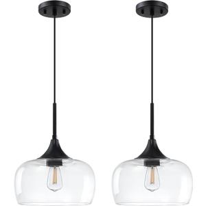 2 Pack 1 Light Hanging Indoor Kitchen Island Pendant Ceiling Light Fixture,10" Clear Drum Glass ShadeBlack Finish Modern Farmhouse Dinning Over Sink