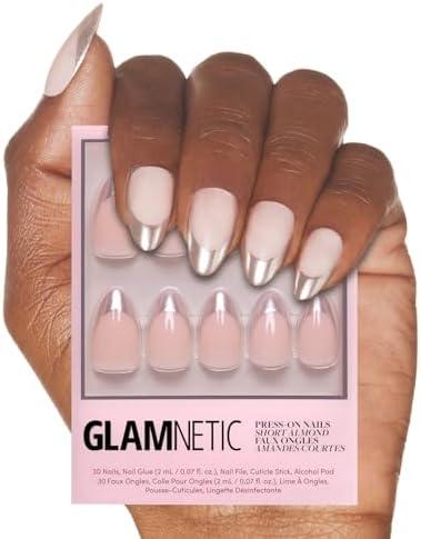 Glamnetic Press On Nails - Mirror Mirror | Trendy Short Almond Fake Nails with Metallic Chrome Silver French Tips | 15 Sizes - 30 Nail Kit with Glue