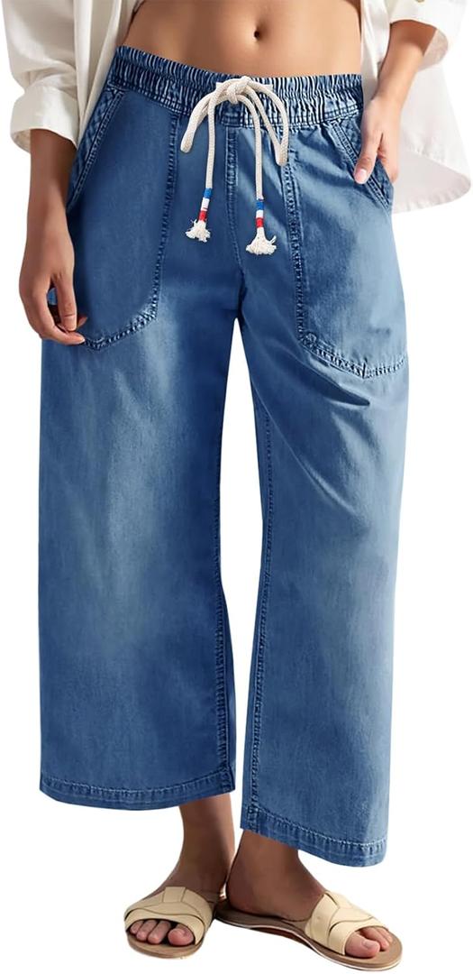 Cicy Bell Women's Wide Leg Jeans Casual Drawstring High Wasit Boyfriend Loose Baggy Capri Denim Pants with Pockets Size 8
