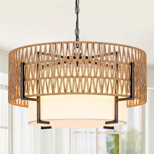 Derksic 19.69" Boho Rattan Chandelier 4-Light Farmhouse Boho Light Fixture Rattan Drum Chandeliers with Fabric Shade for Dining Room Living Room Bedroom Kitchen Island Foyer Hallway