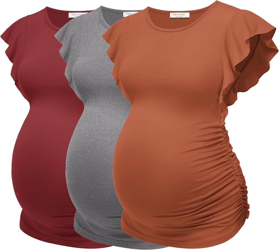 Ekouaer Womens Maternity T Shirts 3 Packs Flying Short Sleeve Side Ruched Postpartum Top Mama Pregnancy Clothes Caramel/ Grey/ Wine Red XL