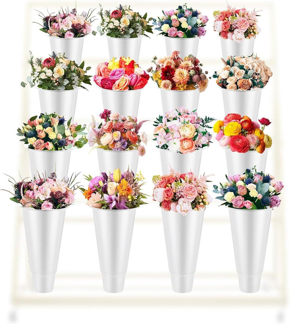 16 Pcs Plastic Flower Buckets Bulk 14.5 Inch H 8.7 Inch W Wake up Flower Display Buckets Tall Vase for Indoor Outdoor Home Wedding Display Florist Supplies(White)