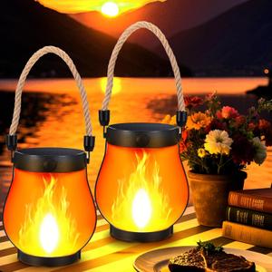 2 Pack Solar Flame Lantern Lights  Flickering Flame Hanging Lanterns Outdoor, Waterproof Garden Lights with 2 Modes Dual Charging USB & Solar Yard, Patio Decor