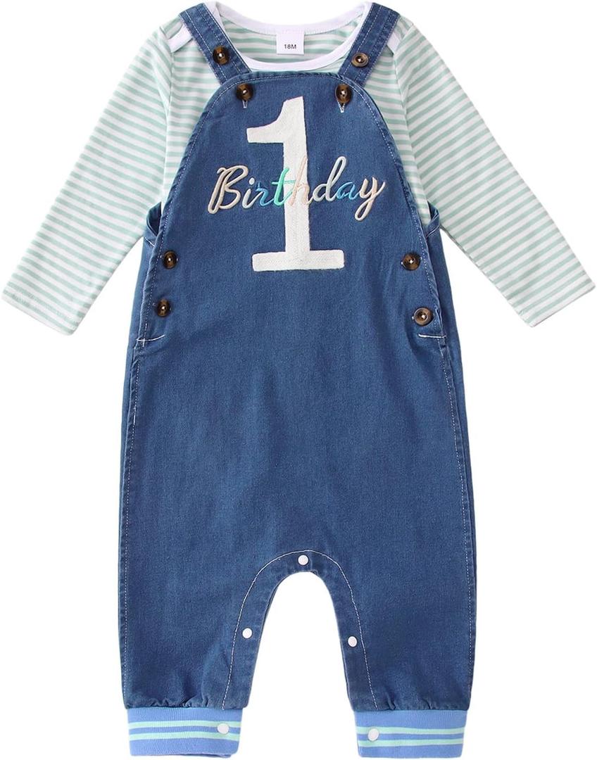 Ritatte Baby Boy 1st Birthday Outfits Striped Long Sleeve Romper Embroidery Print Suspender Jeans Jumpsuit Fall Overalls Set, 12-18 months