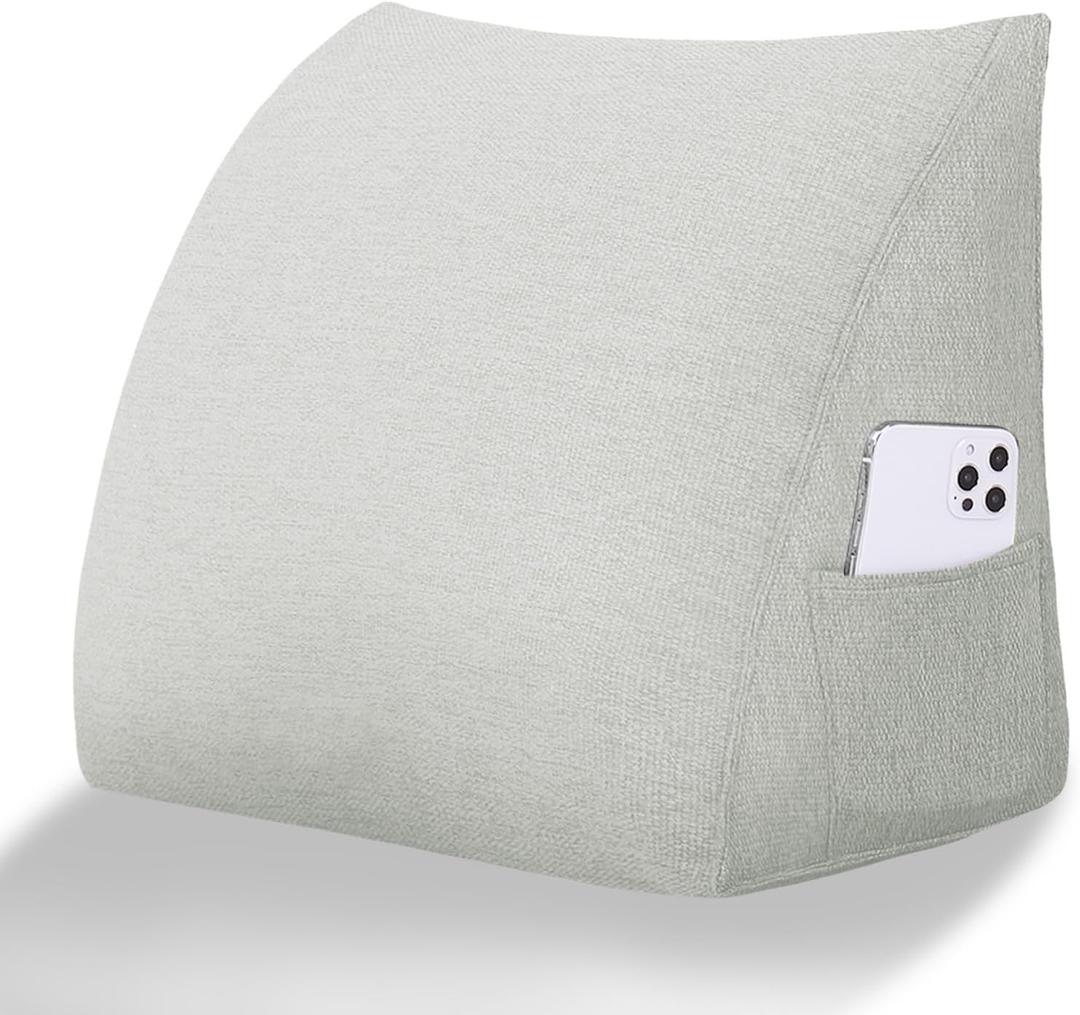 Wedge Headboard Pillow Reading Pillows for Sitting in Bed Adult Backrest Cushion with Removable Cover Side Pockets Sofa Ivory White Polyester