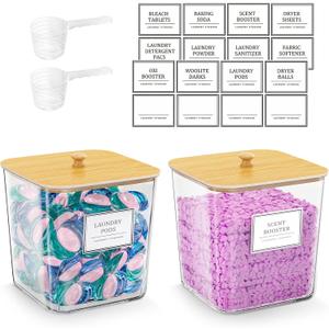 HomePekite 2 Pack Laundry Pods Container,Laundry Room Organization and Storage Containers with Wooden Lids & Labels Large Laundry Detergent Container for Powder,Scent Booster,Pods,Dryer Ball