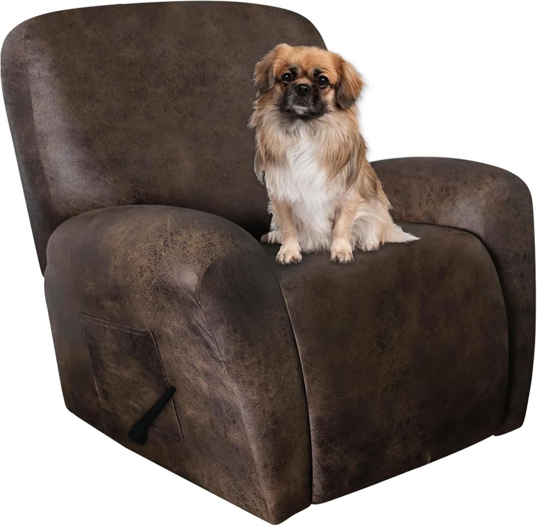 Leather Like Recliner Chair Covers Heavy Duty, 4 Pieces Lazy Boy Recliner Cover for Recliner Chair, Leather Cover for Recliner slipcovers Washable for Pets (Dark Brown) (1 Seater, 02 Brown)