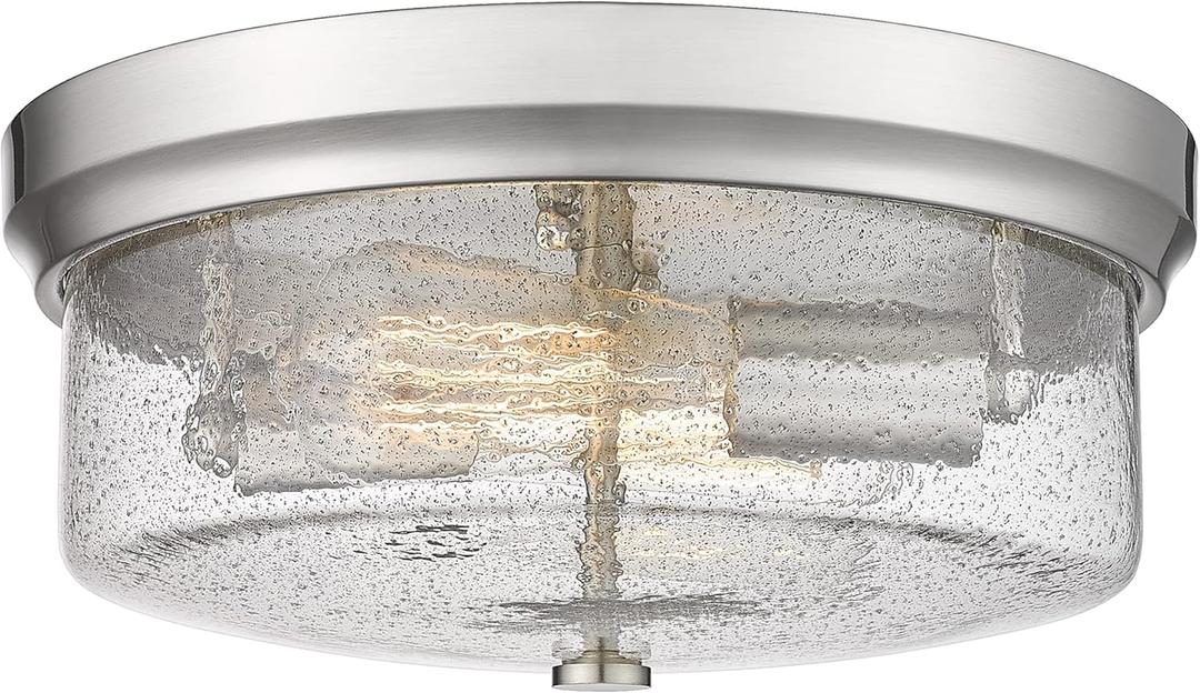 CALDION 12inch Flush Mount Ceiling Light, Close to Ceiling Light Fixtures, Brushed Nickel Finish with Handmade Seeded Smoky Art Glass Shade for Living Bedroom Room Hallway (BN Seeded Somky)