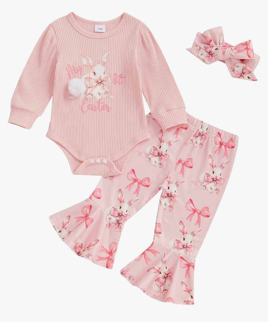 Afunbaby My First Easter Baby Girl Outfit Newborn Onesie Bow Shirt Bunny Romper Bell Botton Pants Summer Clothing Set Size 12-18M