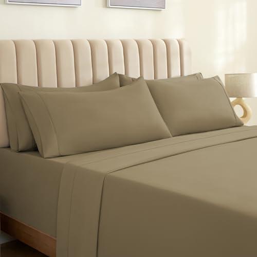 LuxClub 4 PC Sheet Set Bed Sheets Deep Pockets 18" Eco Friendly Wrinkle Free Cooling Machine Washable Hotel Bedding Silky Soft  Taupe King