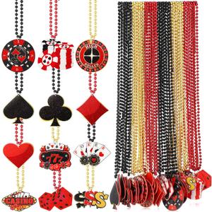 72 Pcs Casino Night Beaded Necklaces Bulk 12 Styles Casino Dice Dollar Sign Necklaces Gold Red Black Beaded Necklace for Birthday Party Favors Supplies (Dice)