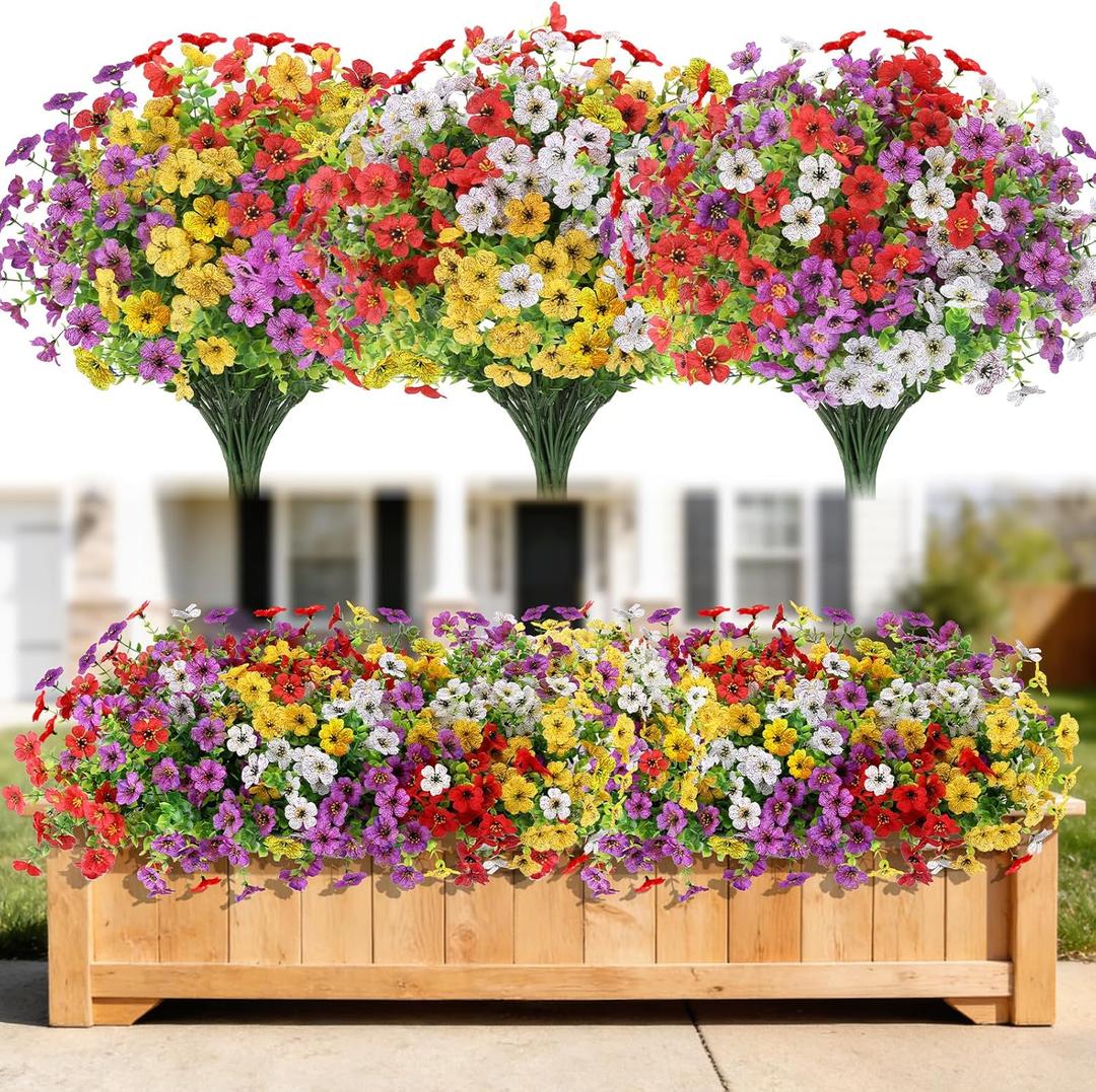 MERIXMAS 24 Bundles Artificial Flowers for Outdoors Decorations, Fake Flowers Artificial Plants Outdoor, Colorful Daisy Eucalyptus Realistic UV Resistant for Garden Patio Porch Home Decor
