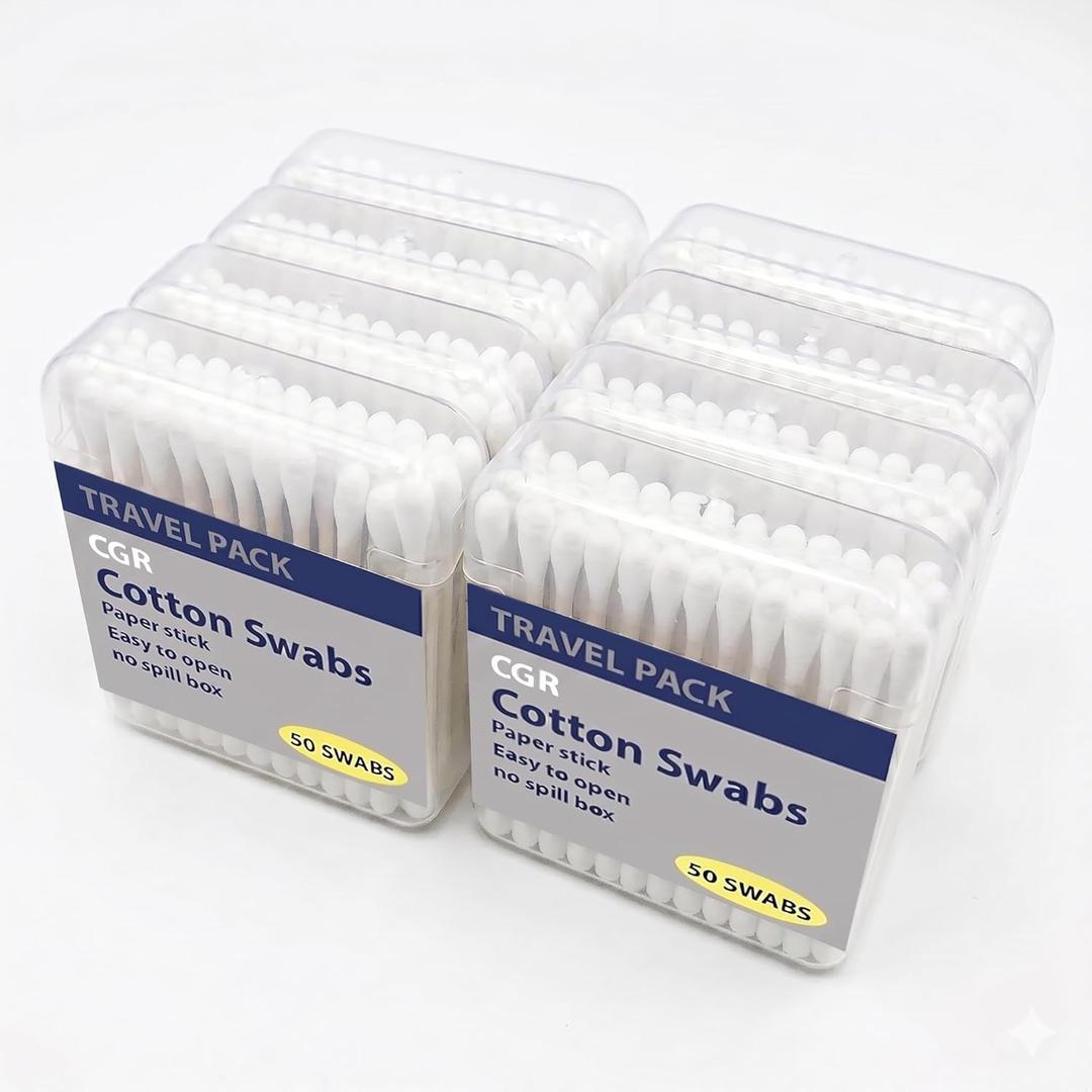 400pcs CGR Organic Cotton Swabs, 100% Cotton Double-Tipped, White Paper Sticks(compostable), Travel Pack(8 Pack of 50 Swabs Total) (400) (EXP DEC 2028)