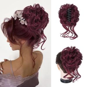 Foaoit Messy Bun Hair Piece Claw Clip Bun Hair Accessories for Women Messy Wavy Curly Hair Bun Extensions Short Tousled Updo Synthetic Hair Bun Ponytail Extension（Burgundy)