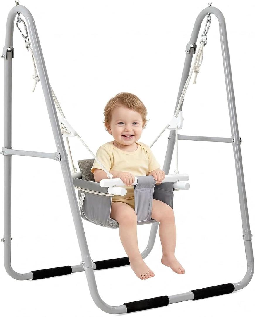 FUNLIO U-Shape Swing Set for Toddlers 6-36 Months, Heavy Duty Metal Frame with 2 Sandbags & 4 Anti-Slip Pads, Easy to Assemble & Store, Foldable & Portable Toddler Swing for Indoor/Outdoor-Gray