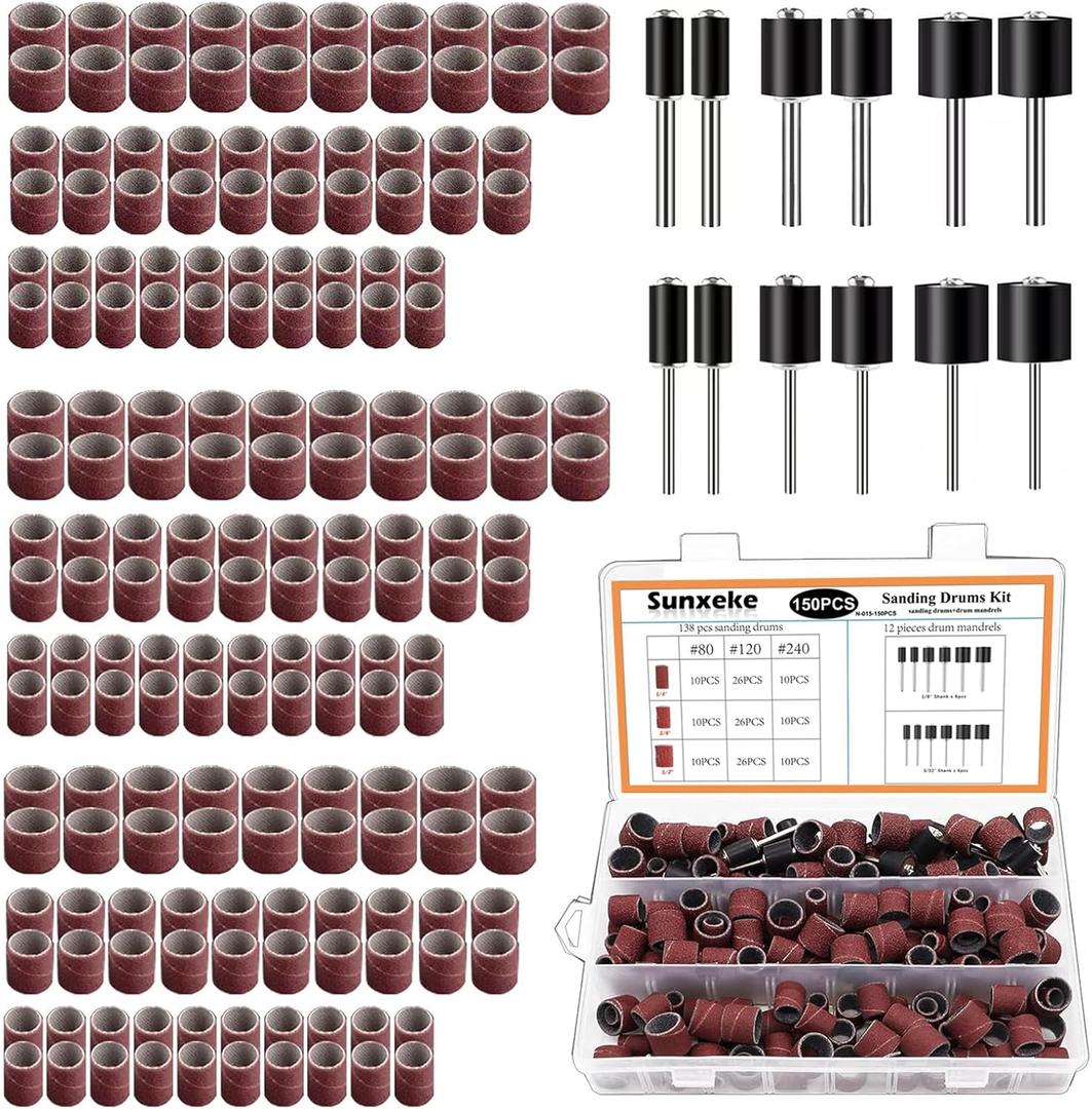 Sanding Drum Set for Dremel Rotary Tools-Includes 138 Aluminum Oxide Sanding Sleeves for Drum Sanders (80,120,240 Grit) and 12 Drum Mandrels-Sanding Bits Tool Accessories with Box