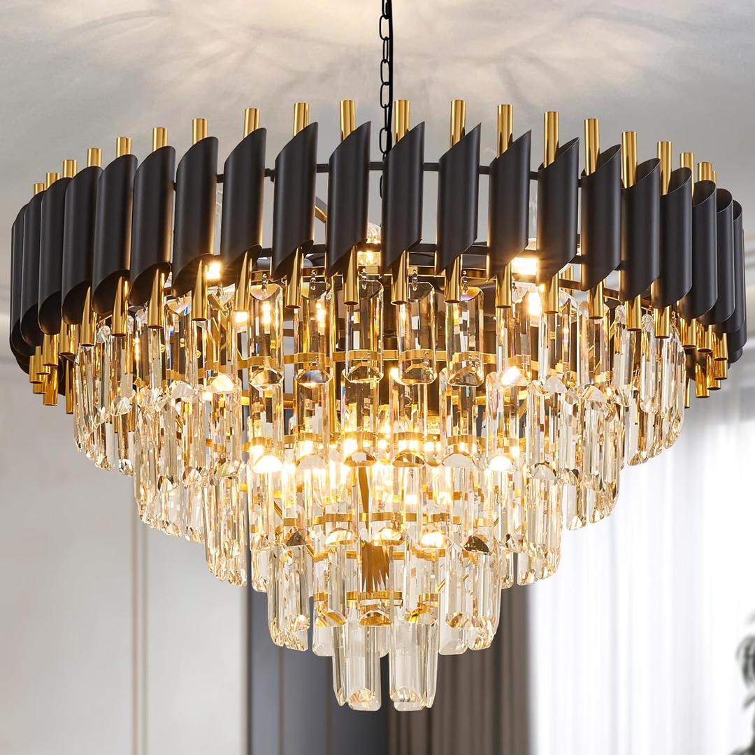 10-Light Large Crystal Chandelier 24" Dining Room Light Fixtures 5 Tiers Flush Mount Black and Gold Chandelier Round Large Chandeliers for Dining Room Living Room Kitchen Entryway Foyer (Clear)