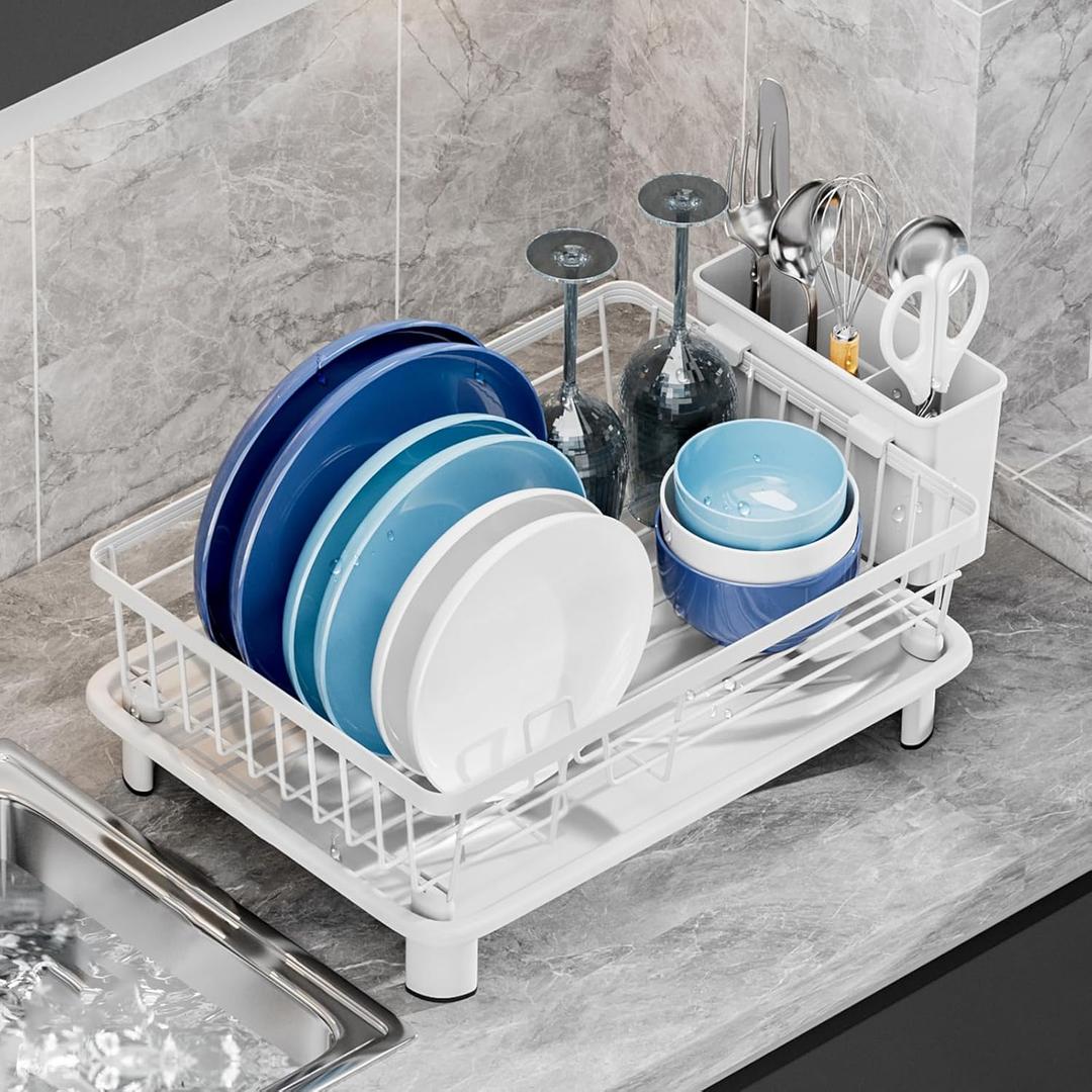 Dish Drying Rack, Space-Saving Dish Rack, Dish Racks for Kitchen Counter, Drying Rack Kitchen with Removable Utensil Holder, and Automatic Drainage Drainboard, 11''W x 15''L, White