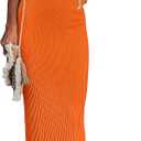 MEROKEETY Womens Summer Bodycon Knit Midi Dress 2026 Spring Beach Vacation V Neck Casual Sleeveless Ribbed Sweater Dresses (Orange, S)
